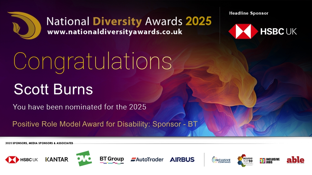 Congratulations to <a href="/SBurns221177/">Scott Burns</a> who has been nominated for the Positive Role Model Award for Disability: Sponsor - BT at The National Diversity Awards 2025 in association with <a href="/HSBC_UK/">HSBC UK</a>. To vote please visit nationaldiversityawards.co.uk/awards-2025/no… #NDA25 #Nominate #VotingNowOpen