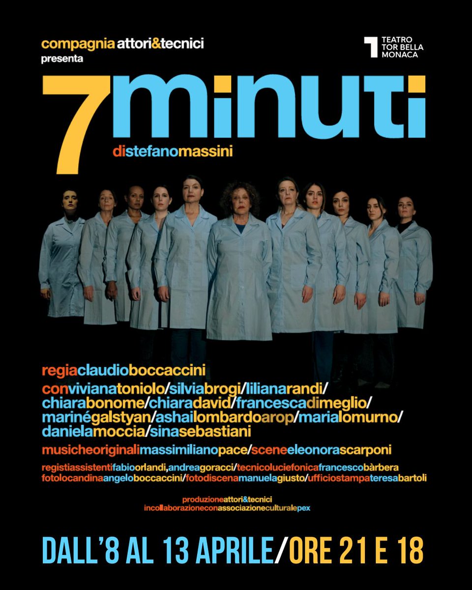 ⌚️"7 Minuti" di <a href="/stefanomassini/">Stefano Massini</a> al <a href="/Ttorbellamonaca/">TeatroTorBellaMonaca</a>: dall’8 al 13 aprile,in scena l’opera teatrale ispirata a un fatto realmente accaduto in una fabbrica francese, dove alle operaie fu proposto un taglio di 7 minuti della pausa su un totale di 15.
Info: bit.ly/3FSfhAE