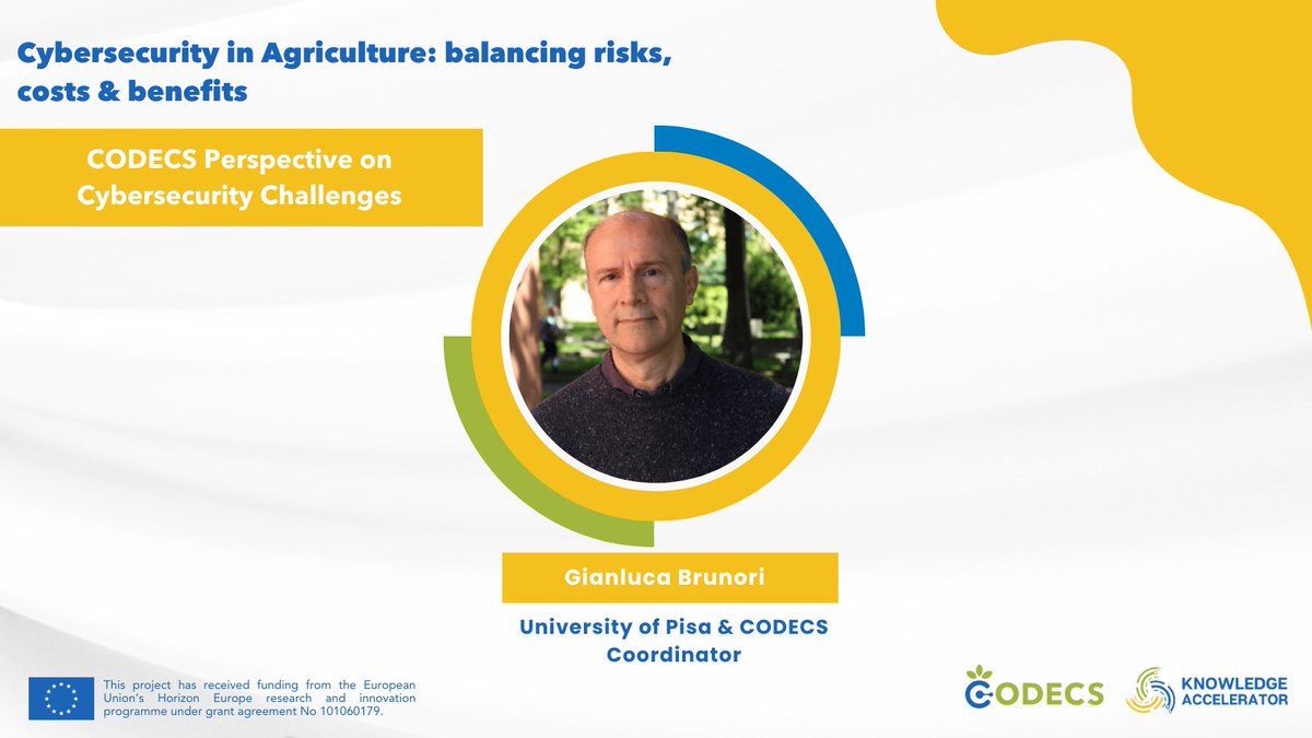 #MeetCODECSpeakers 🗣️Gianluca Brunori from <a href="/Unipisa/">Università di Pisa</a>  &amp; <a href="/HORIZONCODECS/">CODECS</a>  coordinator 👏

Prof. Gianluca will offer the CODECS perspective on cybersecurity challenges, exploring how to balance the costs and benefits of secure digital transformation in agriculture. 

🗓️ 10 April |