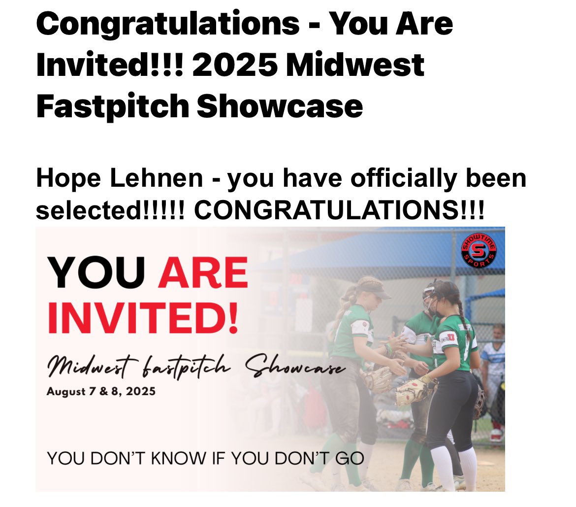 Thank you <a href="/ShowtimeSports1/">Showtime Sports</a> for inviting me to the Midwest Fastpitch Showcase. I am so excited and grateful for this opportunity. Looking forward to it! <a href="/Rebelcoach23/">Greg Harris</a> <a href="/ESA_Harris/">ESA 15U Prospects</a> <a href="/EthicAcademy/">Ethic Softball Academy</a> <a href="/USASoftball/">USA Softball</a> <a href="/ExtraInningSB/">EXTRA INNING SOFTBALL</a> <a href="/SBRRetweets/">Softball Recruiting Reposts</a> <a href="/CoastRecruit/">TaraLo</a> <a href="/PrepSoftball/">Prep Softball 🥎</a> <a href="/ProductionsW7/">W7 Productions</a>