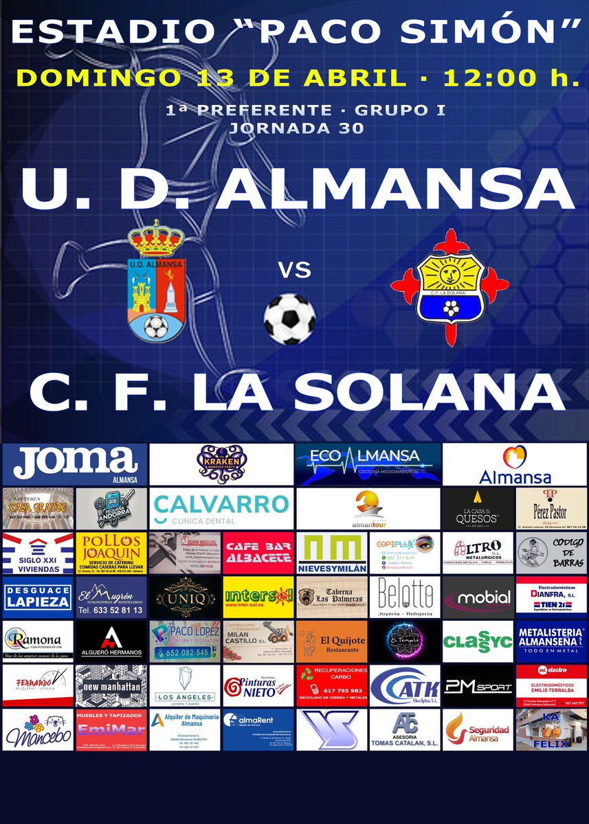 💥PARTIDO EN CASA💥

🏆 JORNADA 30
🆚 @cflasolana 
🏟️Municipal “Paco Simón “ - Almansa

 📅 DOMINGO 13 abril 
🕕 12:00 horas

⚽️💙🤍⚽️💙🤍⚽️💙🤍⚽️💙🤍

#almansa #unidossomosmásfuertes #siempreazules #azulones #almansaemergencias #ahoraeselmomento #jugamosconlonuestro