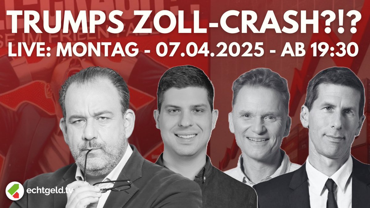 Tobias Kramer (@takberlin) on Twitter photo Trumps #Zoll-#Crash LIVE: Weltweites #Börsen-Chaos! Sind das jetzt #Kaufkurse? Heute - 19:30 - <a href="/echtgeldtv/">echtgeldtv</a>
Mit dabei sind
Jonathan Neuscheler - <a href="/JonNeuscheler/">Jonathan Neuscheler</a>
Stefan Waldhauser - <a href="/stwboerse/">Stefan Waldhauser</a>
Holger Zschäpitz - <a href="/Schuldensuehner/">Holger Zschaepitz</a>
Und? Du auch 🤩?
👉🏼 youtube.com/watch?v=236OML… Trumps #Zoll-#Crash LIVE: Weltweites #Börsen-Chaos! Sind das jetzt #Kaufkurse? Heute - 19:30 - <a href="/echtgeldtv/">echtgeldtv</a>
Mit dabei sind
Jonathan Neuscheler - <a href="/JonNeuscheler/">Jonathan Neuscheler</a>
Stefan Waldhauser - <a href="/stwboerse/">Stefan Waldhauser</a>
Holger Zschäpitz - <a href="/Schuldensuehner/">Holger Zschaepitz</a>
Und? Du auch 🤩?
👉🏼 youtube.com/watch?v=236OML…