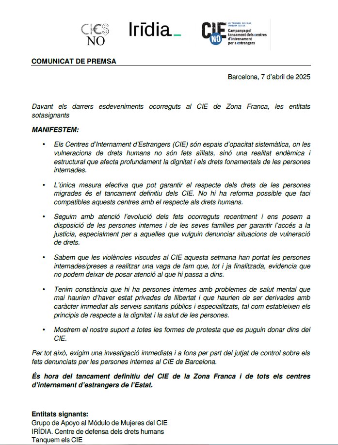Davant les darreres denúncies de vulneracions de drets de persones internes  al CIE de Zona Franca, diverses entitats hem emès un comunicat. 

Els CIE són incompatibles amb els drets humans. Cal tancar-los definitivament! 

#CIEsNo      #StopDeportacions

tanquemelscie.cat/2025/04/comuni…