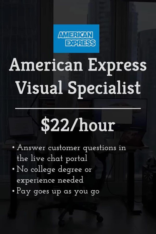 Adamaestr0_'s tweet photo. @ecommartinez Especialista Visual American Express

- Gana 22 $/hora
- Interactúa con los clientes a través del portal de chat en directo
- Sin titulación universitaria ni experiencia
- Posible aumento salarial con el tiempo
- Visita su página web para más detalles https://t.co/japCma2GB4