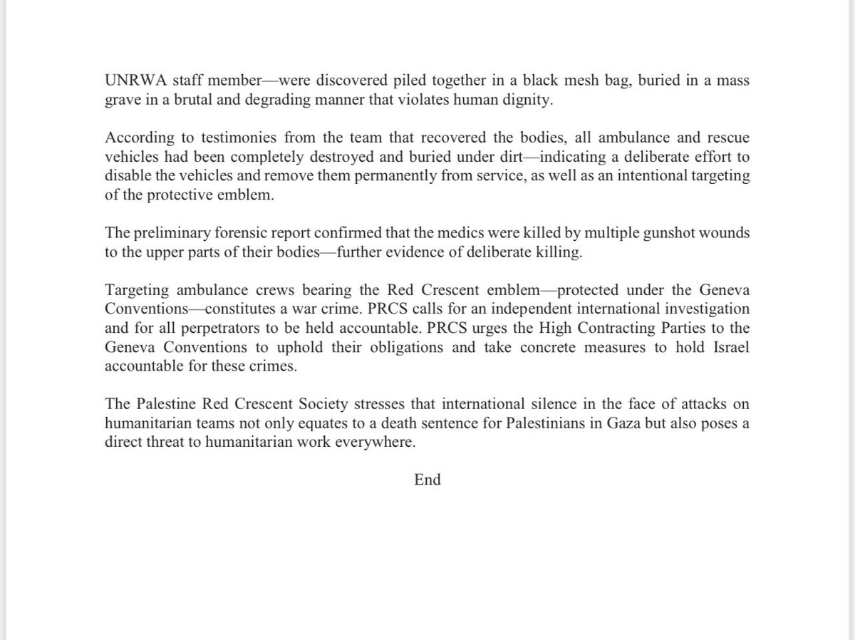 🚨Palestine Red Crescent Society Calls for Independent International Investigation to Hold Those Responsible for the Crime of Targeting Ambulance Teams in Rafah Accountable
 
The Palestine Red Crescent Society (PRCS) affirms that the targeting of its ambulance convoy by Israeli