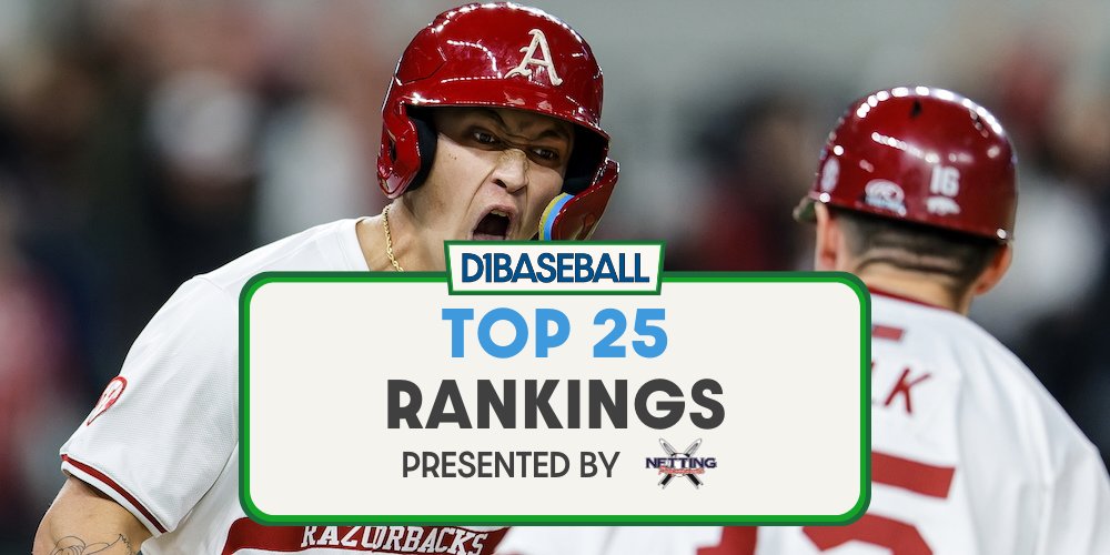 Kendall Rogers (@kendallrogers) on Twitter photo 🚨🚨LATEST TOP 25🚨🚨
The very latest <a href="/d1baseball/">D1Baseball</a> Top 25 Rankings, presented by <a href="/NettingPros/">Netting Professionals 🏟️</a> is out!
- <a href="/RazorbackBSB/">Arkansas Baseball</a> ascends to 1
- <a href="/KUBaseball/">Kansas Baseball</a> <a href="/ArizonaBaseball/">Arizona Baseball</a> <a href="/HokiesBaseball/">Virginia Tech Baseball</a> enter
THE FULL RANKINGS: 👇 🚨🚨LATEST TOP 25🚨🚨
The very latest <a href="/d1baseball/">D1Baseball</a> Top 25 Rankings, presented by <a href="/NettingPros/">Netting Professionals 🏟️</a> is out!
- <a href="/RazorbackBSB/">Arkansas Baseball</a> ascends to 1
- <a href="/KUBaseball/">Kansas Baseball</a> <a href="/ArizonaBaseball/">Arizona Baseball</a> <a href="/HokiesBaseball/">Virginia Tech Baseball</a> enter
THE FULL RANKINGS: 👇