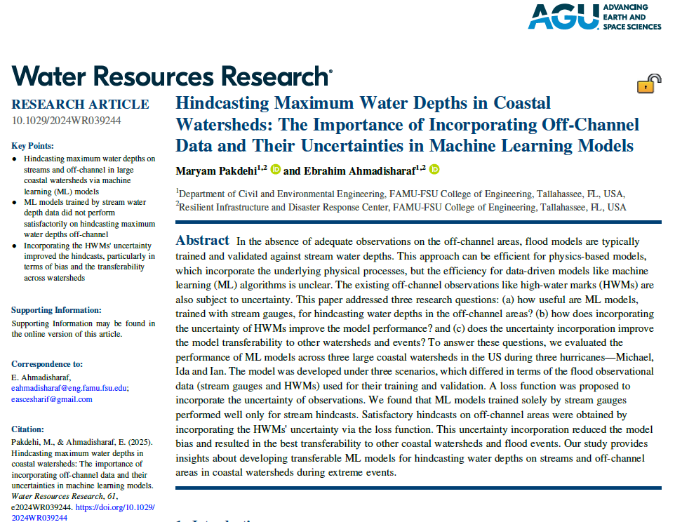 Ebrahim Ahmadisharaf (@ahmadisharaf) on Twitter photo New paper in <a href="/theAGU/">AGU (American Geophysical Union)</a> WRR. Led by my PhD student, we introduced a loss function to incorporate the uncertainty of flood observations (HWMs) in hindcasting water depths via ML models. Thanks to <a href="/NSF/">U.S. National Science Foundation</a> & <a href="/theNASEM/">National Academies</a> for their financial support. <a href="/NASEM_Gulf/">NASEM Gulf Research Program</a>
doi.org/10.1029/2024WR… New paper in <a href="/theAGU/">AGU (American Geophysical Union)</a> WRR. Led by my PhD student, we introduced a loss function to incorporate the uncertainty of flood observations (HWMs) in hindcasting water depths via ML models. Thanks to <a href="/NSF/">U.S. National Science Foundation</a> & <a href="/theNASEM/">National Academies</a> for their financial support. <a href="/NASEM_Gulf/">NASEM Gulf Research Program</a>
doi.org/10.1029/2024WR…