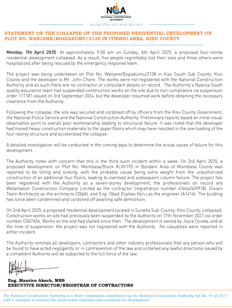Good afternoon. This is the Authority's statement on yesterday's collapse in Kisii County. ^WK