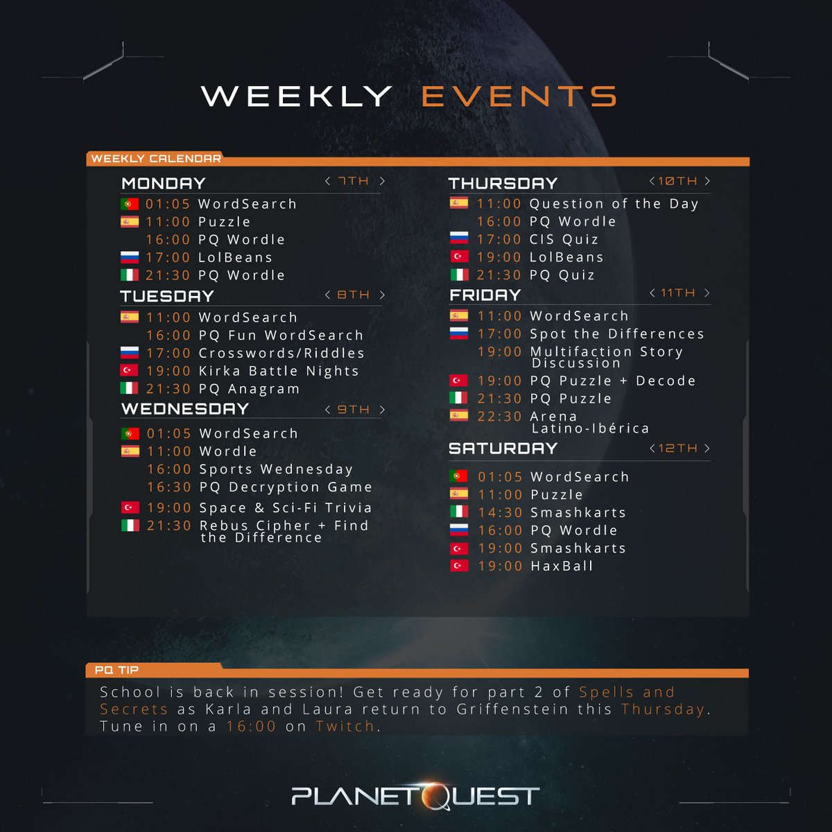 Weekly Community #PQEvents Overview! ✨

All times are CET ⏰ and don’t forget to subscribe to subscribe to our Twitch 👾 twitch.tv/joinplanetquest