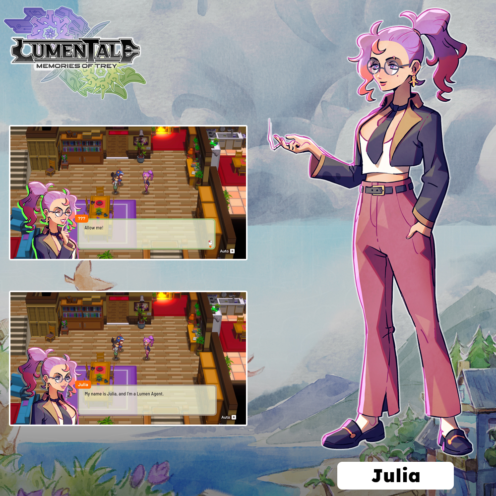 Julia is a determined Lumen agent from Iris Hamlet who has faced a challenging past. After her dismissal, she returned to her now dilapidated hometown, setting her sights on Trey and Ales.

What does she want from them, and what is her purpose?  🧐
