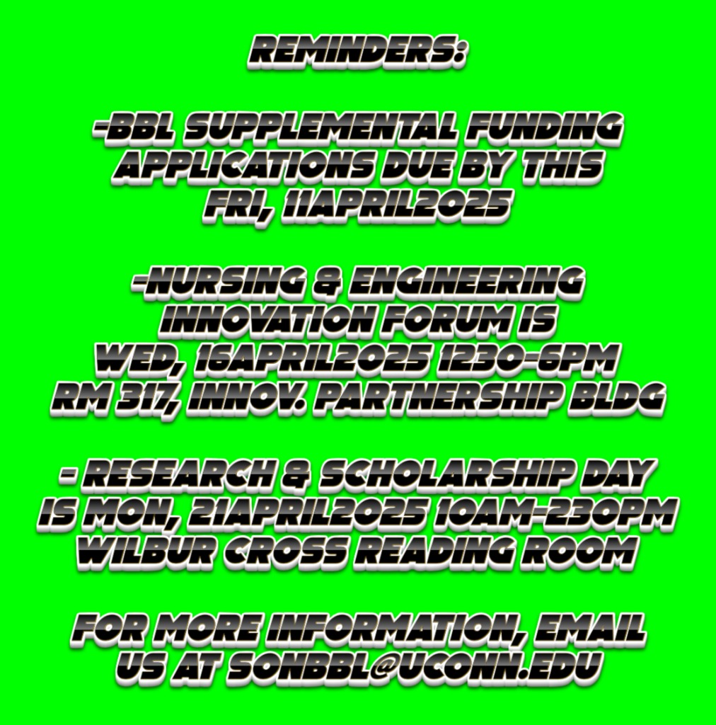UConnBBL's tweet photo. BBL supplemental funding applications  https://t.co/YWviJ1LNoz…

The Nursing and Engineering Innovation Forum  …https://t.co/3LXl1PAahG…

The School of Nursing's Research and Scholarship Day  https://t.co/gNxqpY7kuL… 

For more information, email us at sonbbl@uconn.edu https://t.co/8zj1cVV7wP