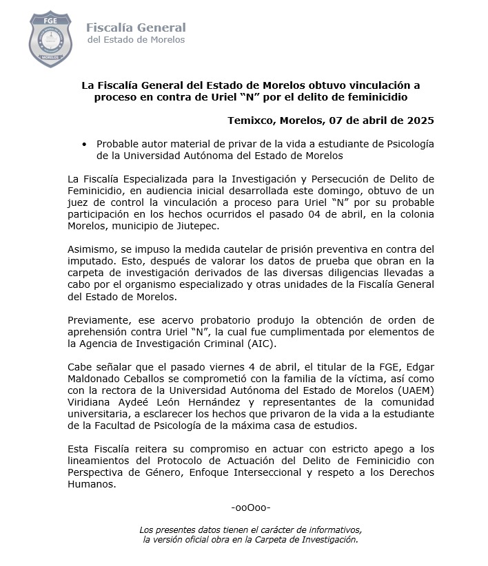 Informa la <a href="/Fiscalia_Mor/">FISCALIA MORELOS</a> de la DETENCIÓN de Uriel "N" presunto responsable del asesinato de la estudiante de la <a href="/uaemorelos/">UAEM</a> <a href="/edgarmalc/">Edgar Maldonado</a> 👇#feminicidio #Morelos