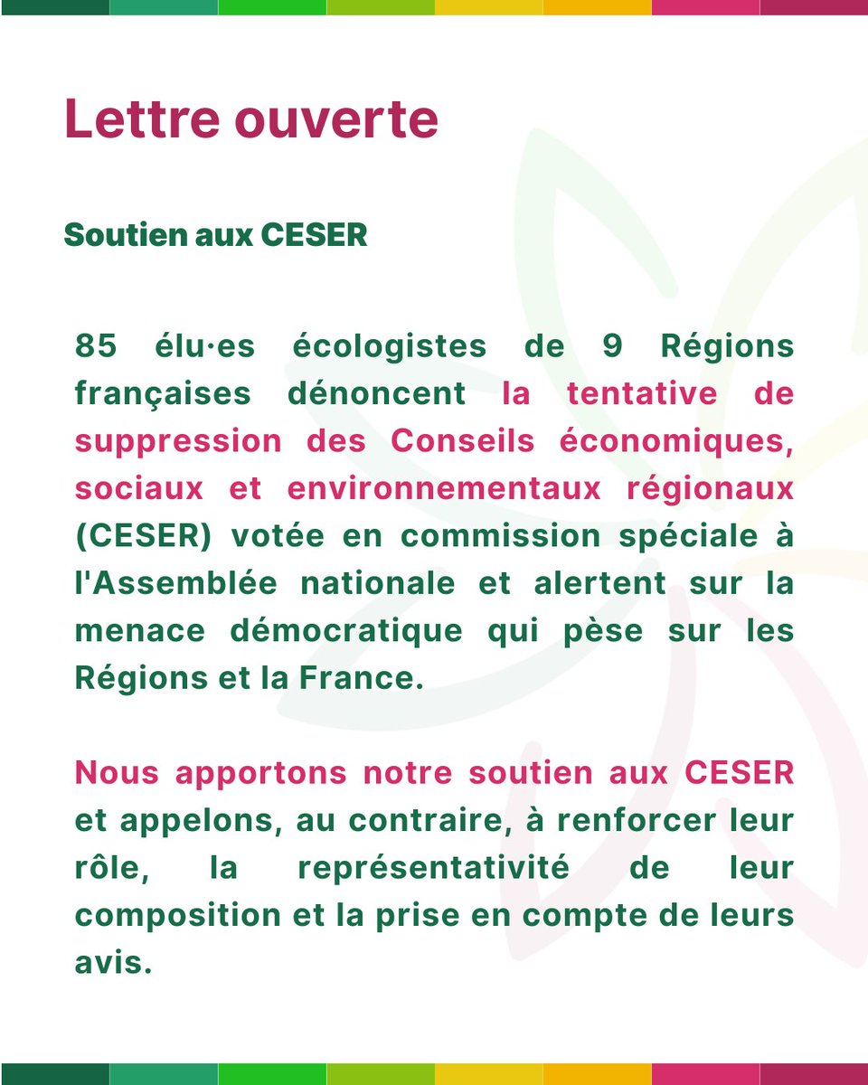Nous nous insurgeons contre la tentative de démantèlement  des institutions de la démocratie locale que sont les CESER.

Retrouvez la lettre ouverte co-signée par les conseillers et conseillères écologistes de 9 régions 👉 blogs.mediapart.fr/gaelle-lahorea…