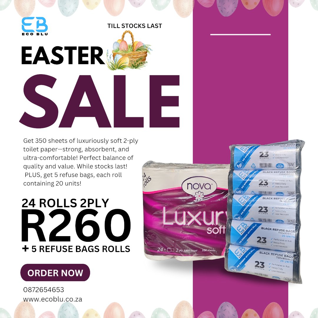 EcoBlu_Group's tweet image. Hop into our Easter Sale! 🐰🎉 Get a pack of 5 refuse bags AND 24 rolls of 2-ply toilet paper for only R260! Perfect for your Easter weekend with family. Don’t miss out – while stocks last! 🛒💚 #EasterSale #FamilyEssentials #ToiletPaper #RefuseBags #GoodDeal