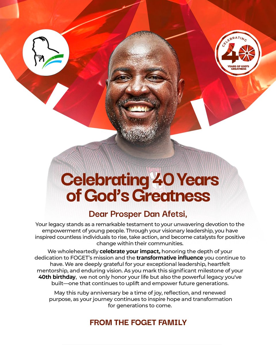 Fogetgh's tweet photo. Today, we honor a man whose life has been a beacon of hope, leadership, and transformation. Prosper Dan Afetsi, your unwavering devotion to empowering young people and building legacies through
#PDA@40 #40YearsOfGreatness #LegacyBuilder #FOGET https://t.co/CzlvSlWZqH