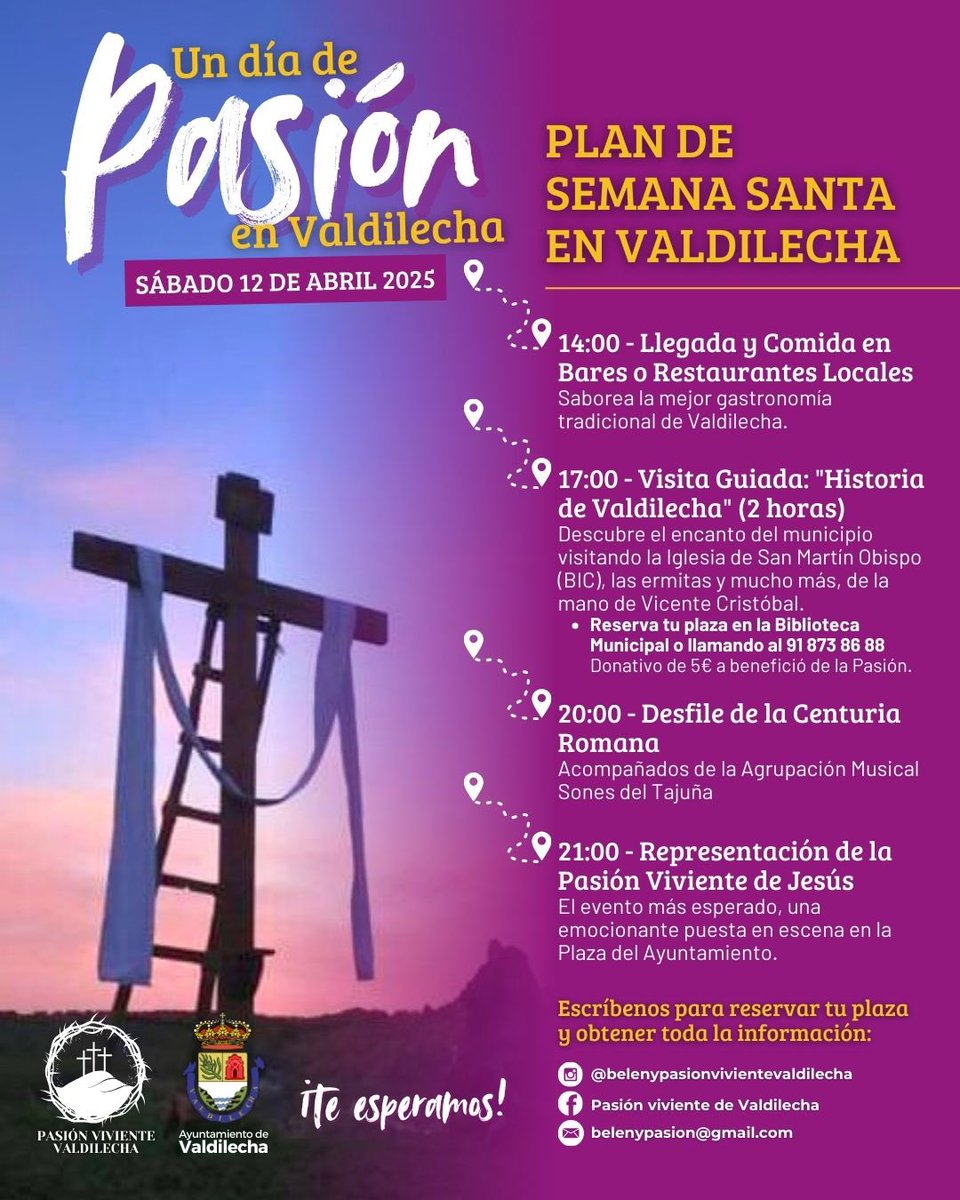 🌿✝️ La Semana Santa comienza en Valdilecha este sábado 12 de abril y aquí te presentamos el mejor plan para vivir ‘Un día de pasión en Valdilecha’.

💬 ¡Reserva tu plaza para la visita guiada y vive una experiencia diferente esta Semana Santa!