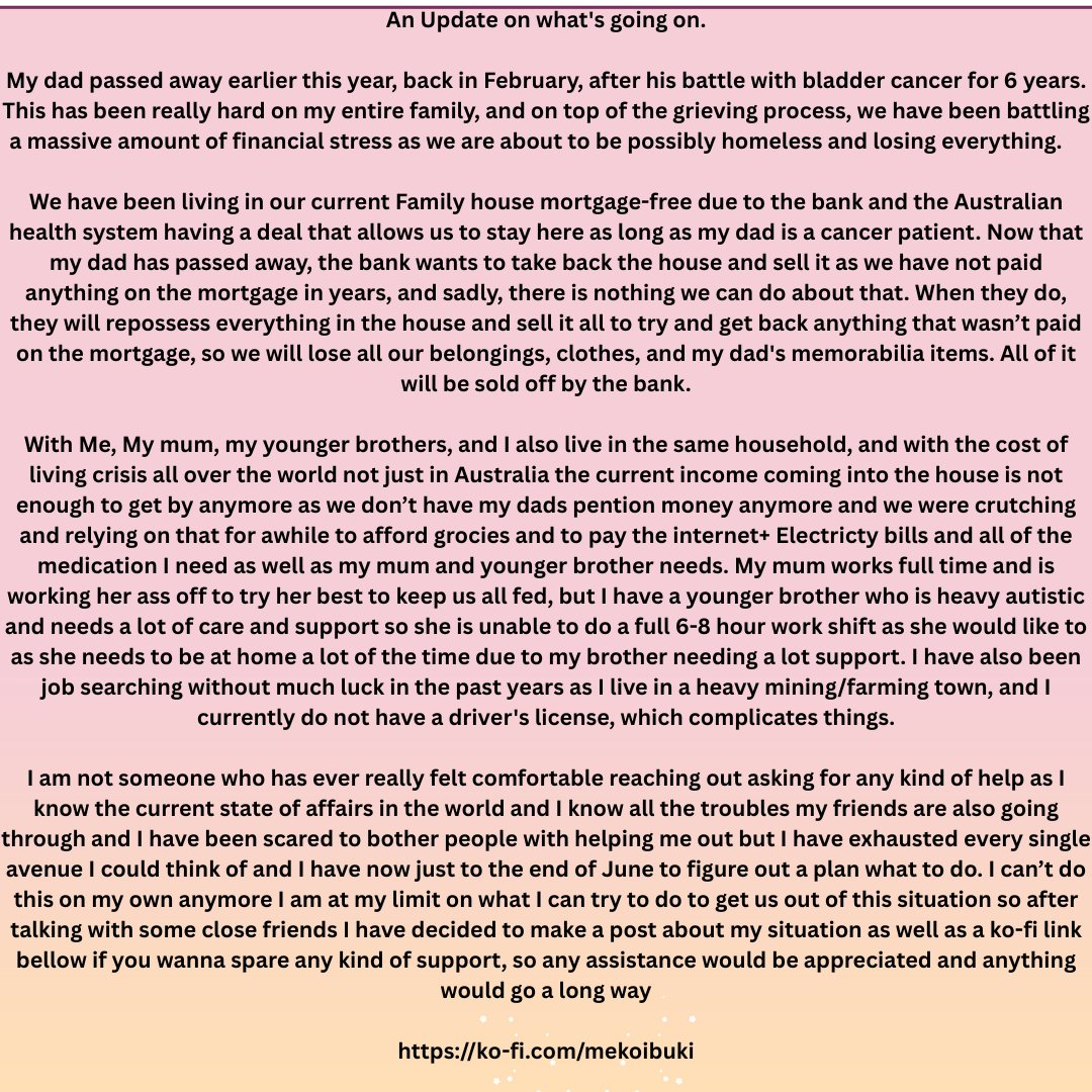 A update about my situation. 

ko-fi.com/mekoibuki