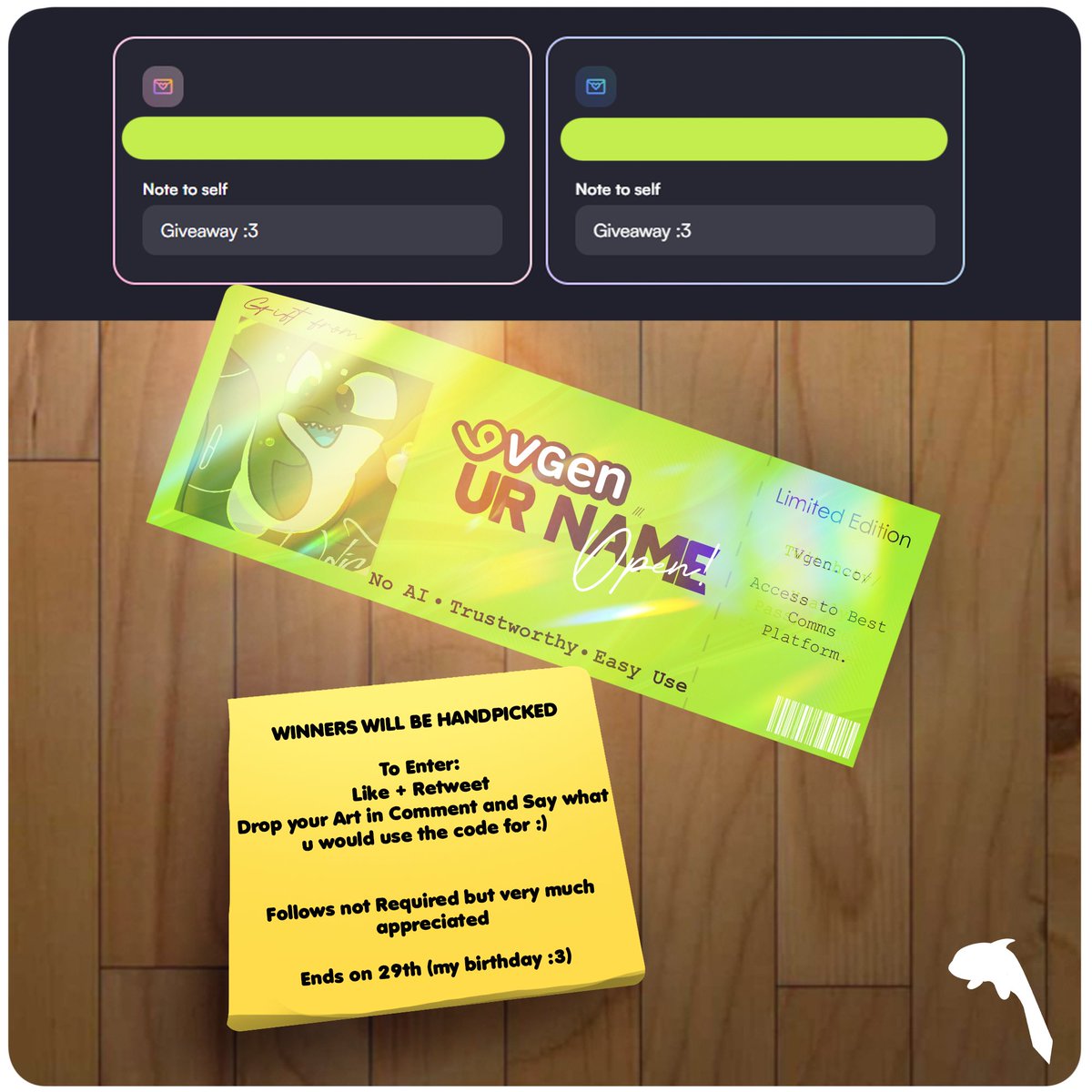 wolisakamata's tweet photo. #VGenCode  GIVEAWAY
Giving away 2 Vgen Codes (bc I realised I had em)
WINNERS WILL BE HANDPICKED

To Enter:
Like + Retweet
Drop your Art in Comment and Say what u would use the code for :^) 

Follows not Required but very much appreciated 

Ends on 29th (my birthday !!!) https://t.co/N1RRAXXrG3