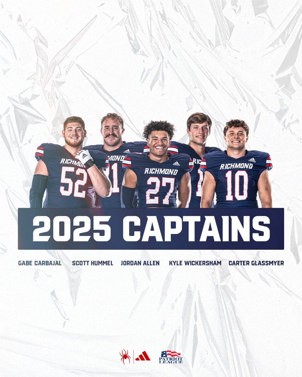 Richmond Spiders Football (@spiders_fb) on Twitter photo ๐ผ๐๐๐๐๐น๐๐ธ๐พ๐๐ your 2025 Spider Football captains ๐ช
OL <a href="/gabecarbs/">Gabriel carbajal</a>
OL <a href="/ScottHummel15/">Scott Hummel</a>
DB <a href="/jordanallen910/">Jordan Allen</a>
QB <a href="/Kylewick5/">Kyle Wickersham</a>
LB <a href="/CarterGlassmyer/">Carter Glassmyer</a>
#OneRichmond ๐ผ๐๐๐๐๐น๐๐ธ๐พ๐๐ your 2025 Spider Football captains ๐ช
OL <a href="/gabecarbs/">Gabriel carbajal</a>
OL <a href="/ScottHummel15/">Scott Hummel</a>
DB <a href="/jordanallen910/">Jordan Allen</a>
QB <a href="/Kylewick5/">Kyle Wickersham</a>
LB <a href="/CarterGlassmyer/">Carter Glassmyer</a>
#OneRichmond