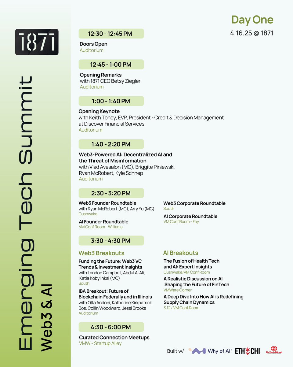 0xEthChicago's tweet image. 🔔 Tech Summit Schedule🔔
🚀 Day 1: April 16th  
⏰ 12:30 PM CST – Doors open  
🎤 Keynotes, breakout sessions &amp;amp; networking!  

🔗: community.1871.com/events/111913

Who’s in? 👋 #TechSummit2024