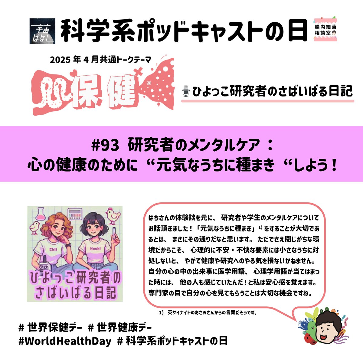 chonai_saikin's tweet image. 研究者や院生に聞いてほしい内容です！🌱
#科学系ポッドキャストの日 #世界保健デー #世界健康デー #worldhealthday2025 #WorldHealthDay