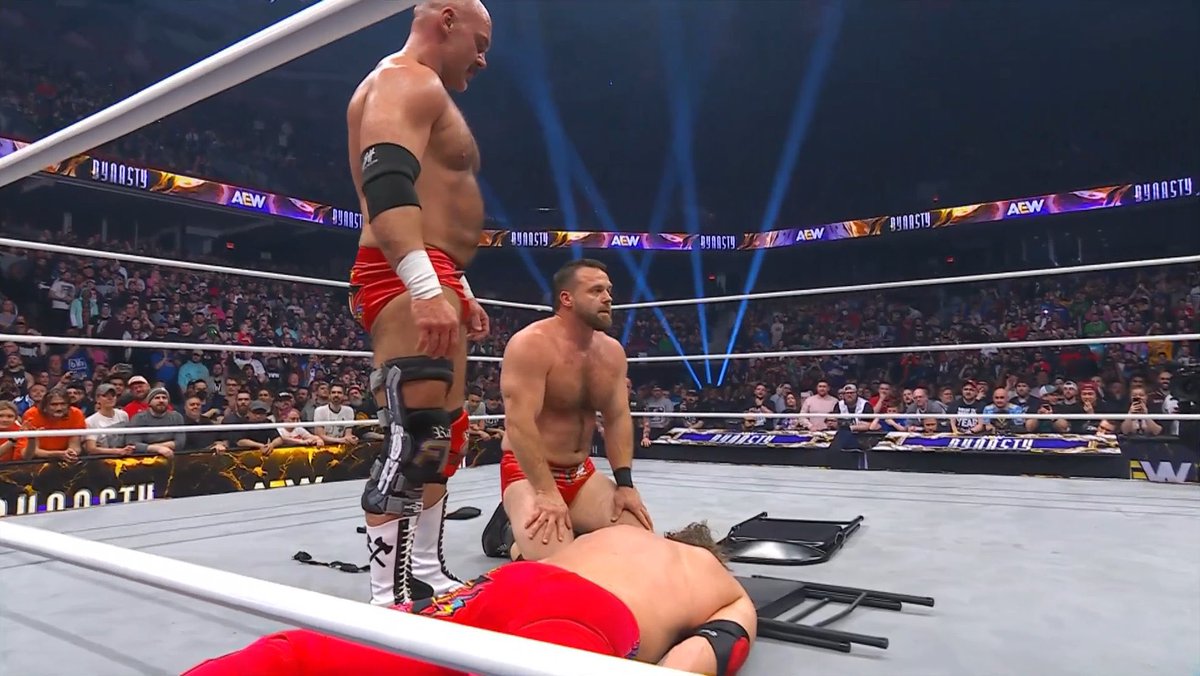 RingsideRPod's tweet photo. FTR destroy Cope after their unsuccessful challenge at the AEW Trios Championships. Fantastic heel turn 👏 #AEWDynasty https://t.co/nFyLozt7fO