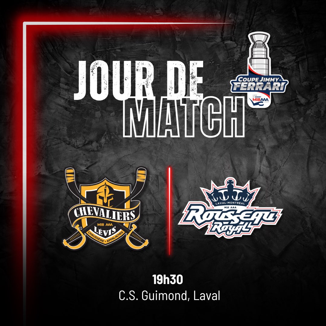 LHM18AAAQ's tweet photo. JOUR DE MATCH | 📢

Troisième duel de la finale à 19h30 au Centre sportif Guimond de Laval, alors que les @Chevaliersaaa visitent le @Rousseau_Royal.

Bon match! 🏒

#LHM18AAAQ #sériesm18aaa https://t.co/73fae4yOJ1