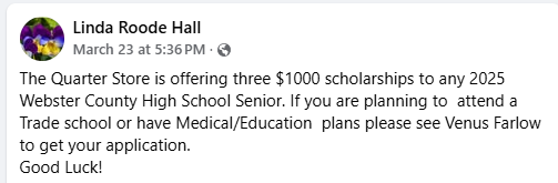 WebCoBoard's tweet image. The Quarter Store in Webster Springs Offering Scholarships boe.webs.k12.wv.us/o/wcboe/articl…