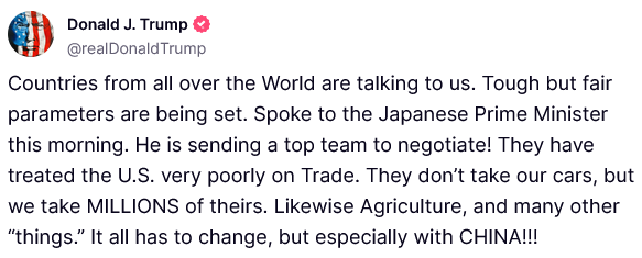 JUST IN: 🇺🇸🇯🇵 Trump says Japan is willing to negotiate tariffs with the U.S.