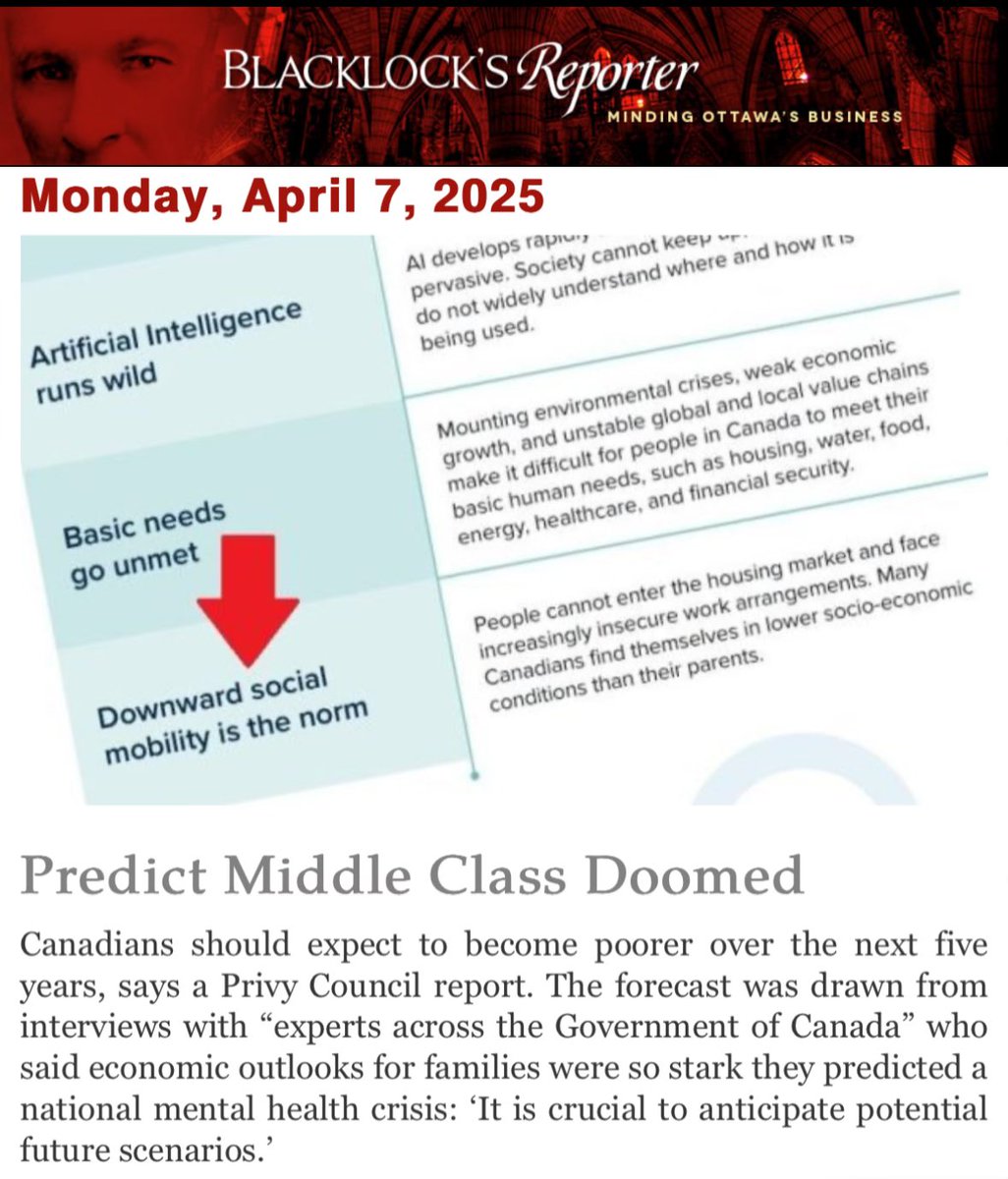 BREAKING: An internal Liberal gov’t report warns of a bleak future:
– Middle class COLLAPSING
– Canadians POORER
– Homes UNAFFORDABLE
– Mental health CRISIS

We can’t afford a 4th Liberal term.
Vote for change. Vote Conservative.