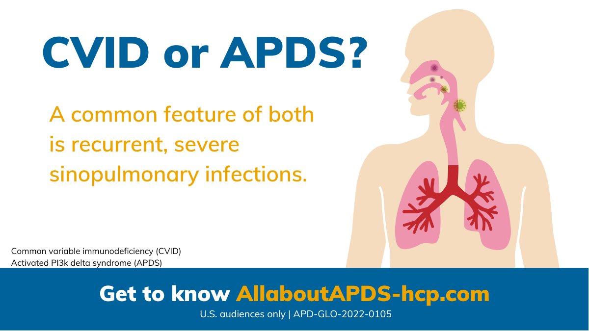 CVID &amp; APDS can present with similar signs &amp; symptoms. Diagnosis of CVID relies on diagnostic criteria, while APDS diagnosis can be confirmed with a genetic test. To learn more about APDS symptoms &amp; testing visit: bit.ly/41MFTf0
