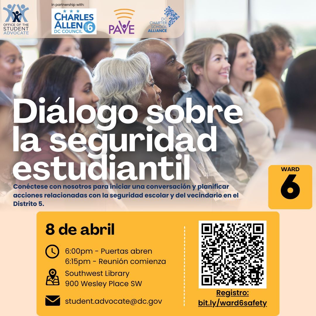 💡 Reminder!💡

Join us for a Student Safety Conversation in Ward 6 tomorrow!

🗓️ Date: Tuesday, April 8th, 2025
🕕 Time: 6:00 PM (Doors open); 6:15 PM (Discussion begins)
🗺️ Location: Southwest Library (900 Wesley Place SW) 

RSVP: bit.ly/ward6safety or using the link in
