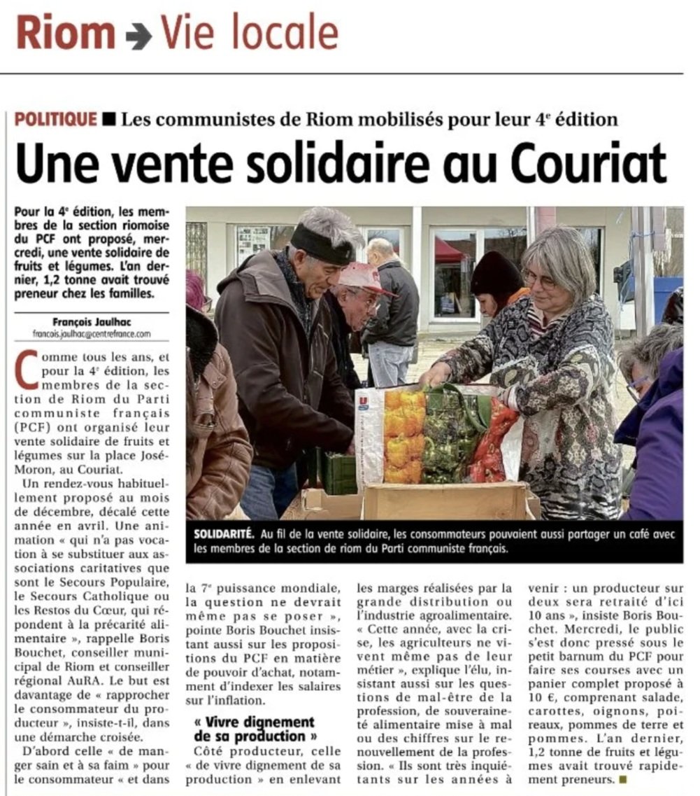 Merci au journal la Montagne pour son article sur notre vente solidaire de fruits et légumes !