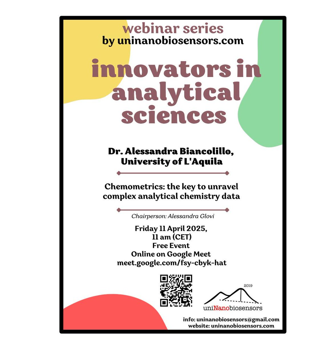 📢7th Webinar on Innovators in Analytical Sciences  With Dr. Alessandra Biancolillo (Univaq, L'Aquila)  
🗓 Apr 11, 11:00 AM (CET) | 💻Google Meet ➡ meet.google.com/fsy-cbyk-hat
🤓Free &amp; open to all interested in analytical science, innovation, &amp; collaboration!🎯