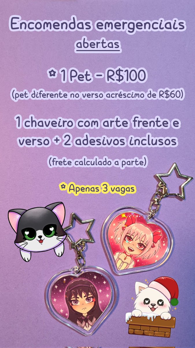Com o adiamento do evento que eu iria participar fim de semana passada eu precisei abrir encomendas emergências pra poder cobrir os gastos que tive! 
Pode me chamar aqui pela dm ou pelo Instagram, o @ é o mesmo lá tbm 💜
Quem puder compartilhar eu agradeço muito 💜