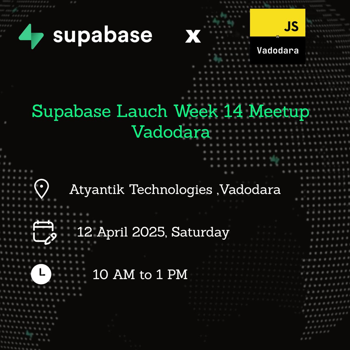 jsxvadodara's tweet image. 🎉@supabase LW14 is coming to Vadodara! 
Come hang out and meet amazing folks!
🤝 Powered by @Supabase & @jsxvadodara
📅 April 12 |🕙 10 AM – 1 PM
📍 @atyantik_tech
🍕 Food & swag for all attendees!  
🔗 Register using the link below 👇