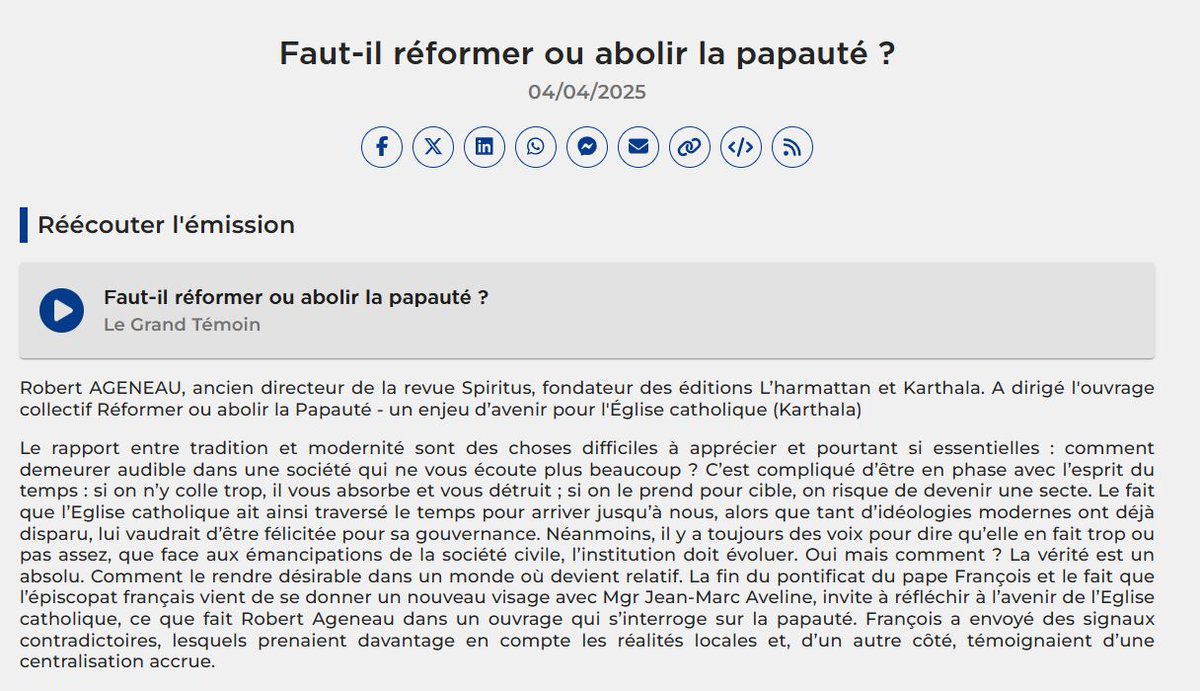 Editions Karthala (@karthalaedition) on Twitter photo #RevueDePresse Réécoutez l'intervention de Robert Ageneau, directeur de la collection "Sens & Conscience" sur <a href="/radionotredame/">Radio Notre Dame</a> au micro de <a href="/LouisDaufresne/">Louis Daufresne</a> , au sujet de "Réformer ou abolir la papauté".
📻 : radionotredame.net/podcasts/RND09…
📖 : karthala.com/accueil/3631-1… #RevueDePresse Réécoutez l'intervention de Robert Ageneau, directeur de la collection "Sens & Conscience" sur <a href="/radionotredame/">Radio Notre Dame</a> au micro de <a href="/LouisDaufresne/">Louis Daufresne</a> , au sujet de "Réformer ou abolir la papauté".
📻 : radionotredame.net/podcasts/RND09…
📖 : karthala.com/accueil/3631-1…
