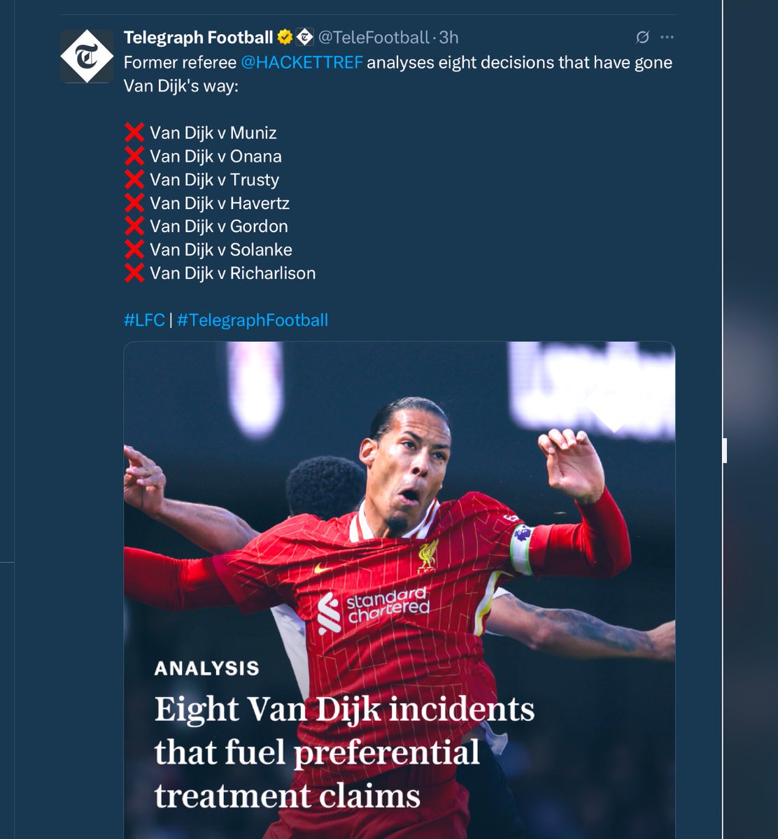 I’ve never seen anything like this in my life.  Did we have articles on the …
20 yellow cards and 10 red cards Joelinton escaped? 
10 dives and 10 opponents endangerment by Kane?
10 leg breaking incidents by Pickford?
25 anti-Liverpool decisions by Tierney, Coote and Oliver?