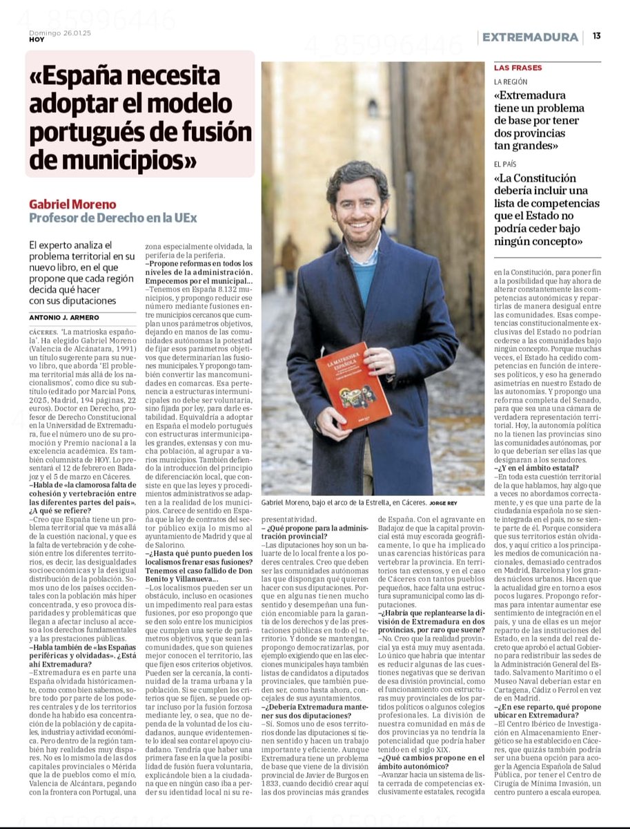 📢 «España necesita fusionar municipios y convertir las mancomunidades en comarcas»

👨🏻‍🏫El profesor de Derecho Constituciónal en la UEx Gabriel Moreno González, analiza el problema territorial y la fusión como posible solución en su nuevo libro que expondrá en Don Benito.