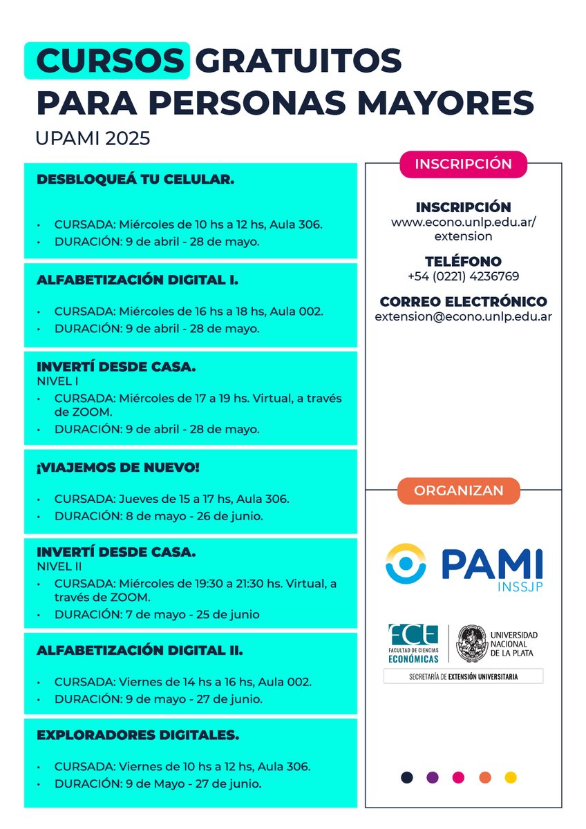economicas_unlp's tweet photo. CURSOS #UPAMI PARA PERSONAS MAYORES
👴Las capacitaciones son organizadas en el marco del programa #ConstruyendoRedes de @Extension_FCE en conjunto con el Instituto Nacional de Servicios Sociales para Jubilados y Pensionados @PAMI_org_ar
👉Más información: https://t.co/Cp7YL0Twky https://t.co/aLIKyJcAvL