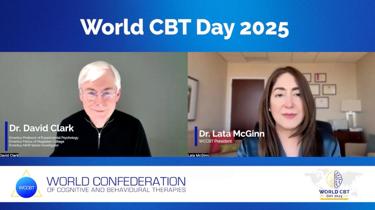 Dr. Lata K McGinn (@latakmcginn) on Twitter photo Dear colleagues,
Today, April 7th is #WorldCBTDay! As the president of the <a href="/WCCBT/">The World Confederation of Cognitive and Behaviour</a> (World Confederation of CBT), I am delighted to release our podcast interview with Dr. David M Clark Professor Emeritus from Oxford University to mark #WorldCBTDay today.
Tune in to watch Dr. Dear colleagues,
Today, April 7th is #WorldCBTDay! As the president of the <a href="/WCCBT/">The World Confederation of Cognitive and Behaviour</a> (World Confederation of CBT), I am delighted to release our podcast interview with Dr. David M Clark Professor Emeritus from Oxford University to mark #WorldCBTDay today.
Tune in to watch Dr.