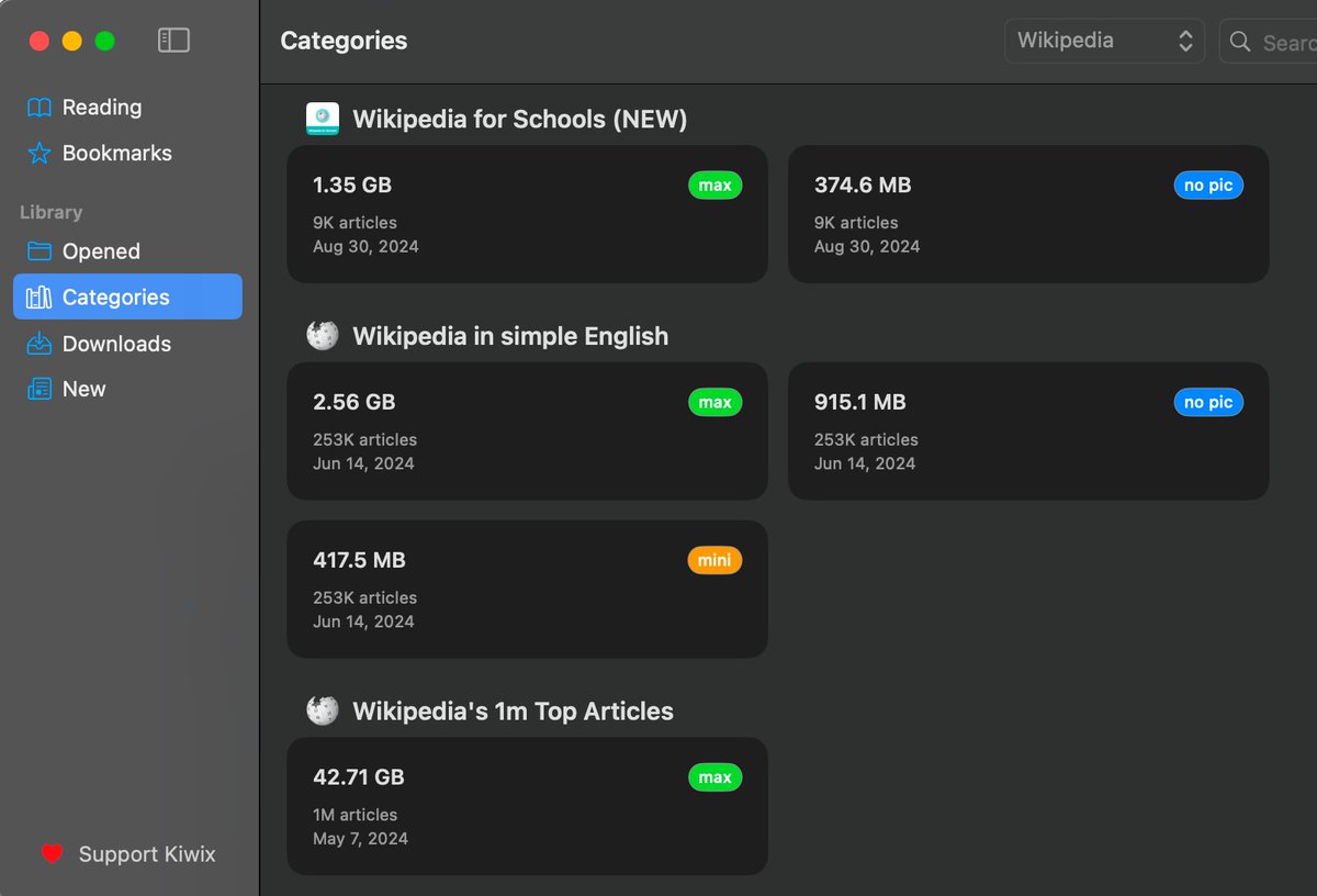 SamuelQZQ's tweet image. 发现一个叫 @KiwixOffline 的 app,能把 wikipedia 下载下来离线看。可以下载特定领域的(比如计算机/物理/数学),也可以下载 top 100,top 1M。贼狠,适合飞机上看着玩😂