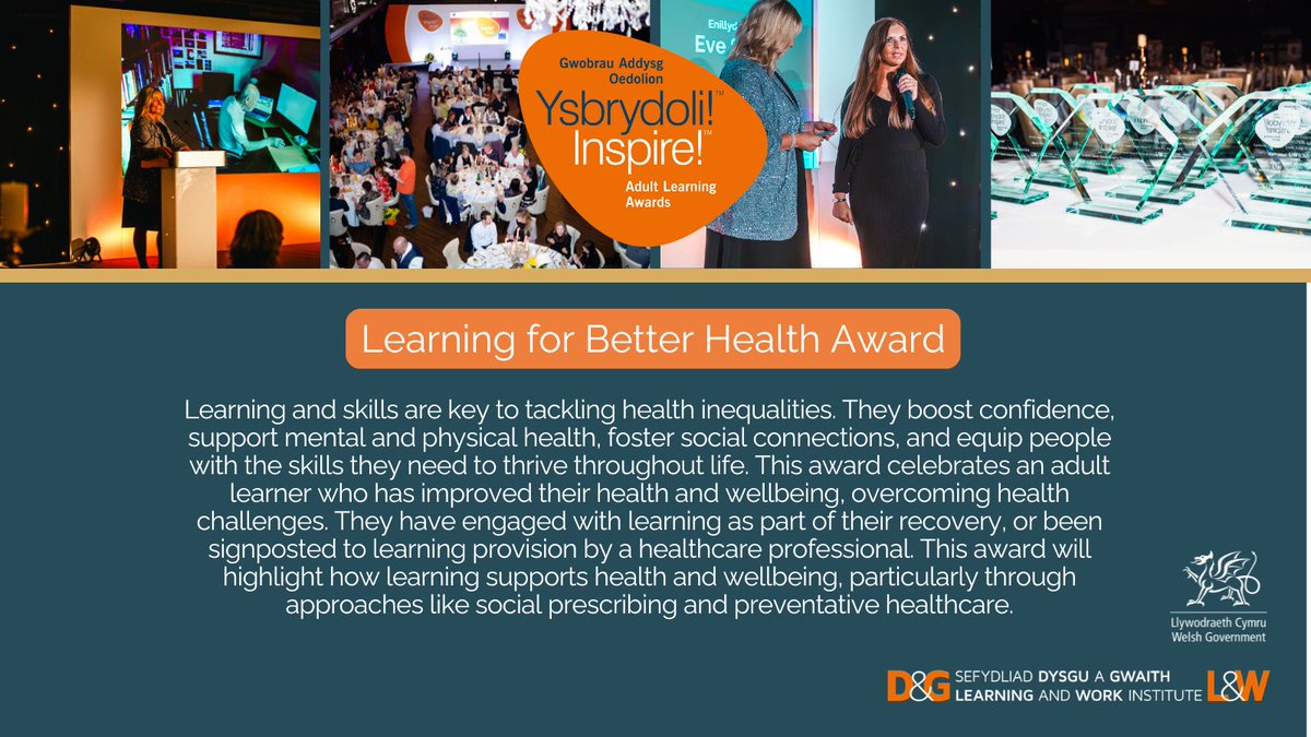 Dysgu a Gwaith Cymru | Learning and Work Wales (@learnworkcymru) on Twitter photo Today, we’re highlighting the Learning for Better Health Inspire! Award for #WorldHealthDay💚.
We want to celebrate an adult learner who has improved their #health through learning – maybe they’ve overcome challenges or found support through #education.
learningandwork.wales/what-we-do/ins… Today, we’re highlighting the Learning for Better Health Inspire! Award for #WorldHealthDay💚.
We want to celebrate an adult learner who has improved their #health through learning – maybe they’ve overcome challenges or found support through #education.
learningandwork.wales/what-we-do/ins…