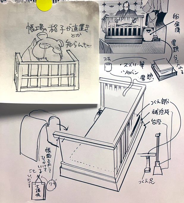 帳場の格子は本来は台座とかなくて格子(折りたたみできるらしい←便利)直置きの様子。郎次の兄貴のはオシャレなのだそういうことにしましょう 