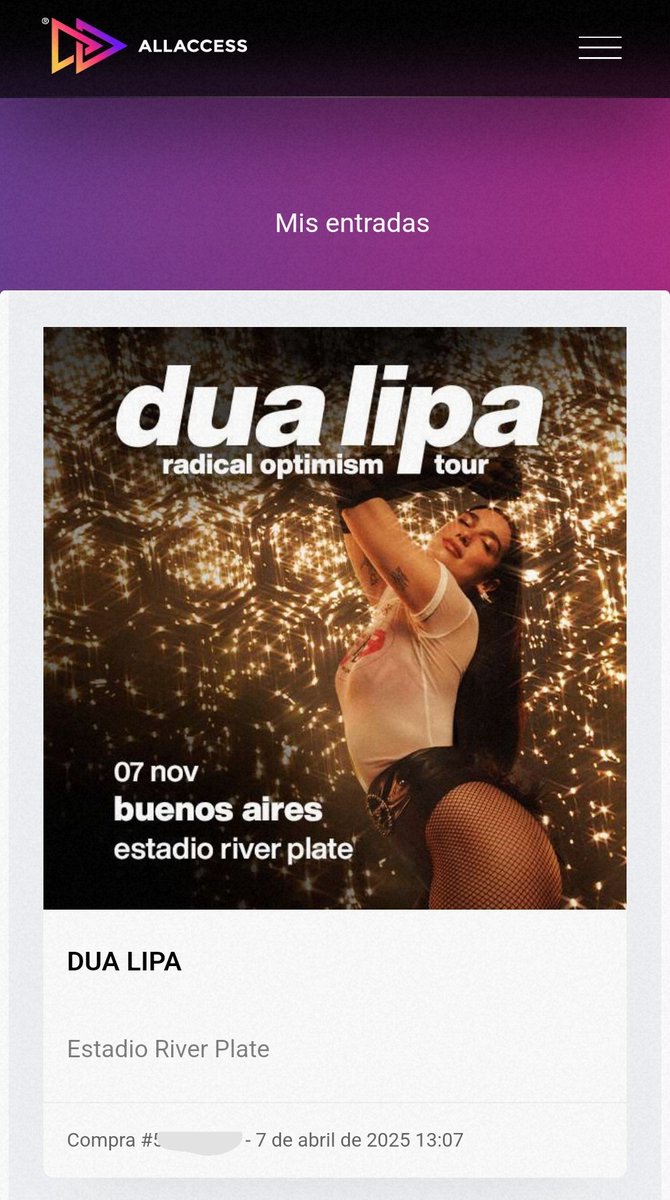 Laloleandro_'s tweet photo. A mí no me llegó el código pero alguien me lo compartió. Gracias!
Ya tengo mi entrada para ver a Dua Lipa por 3ra vez! 😍😍😍😍 #DuaLipa #DuaLipaArgentina #RoTour #RadicalOptimism #RiverPlate #Df #AllAccess https://t.co/htW4vrPIuo