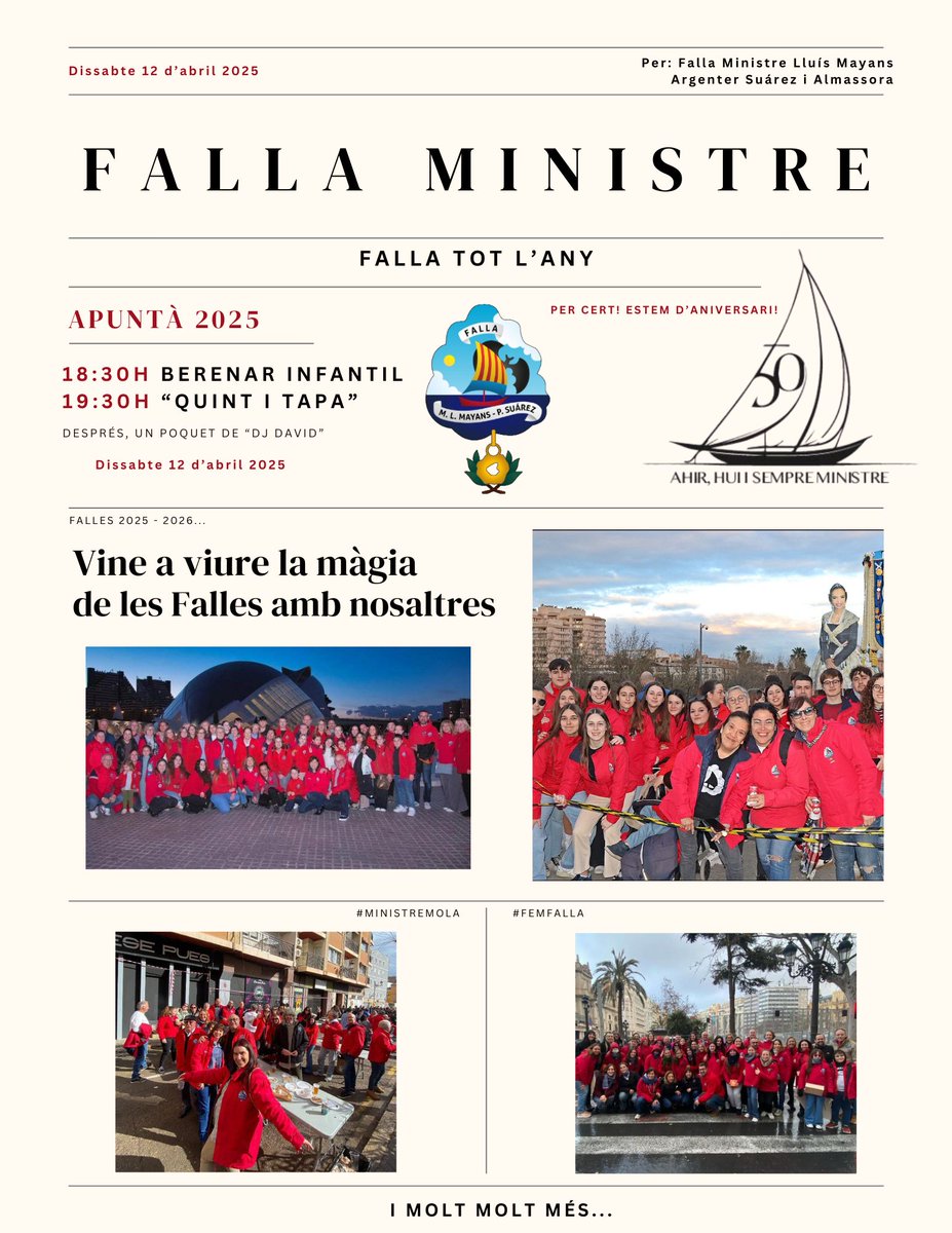 El próximo sábado 12 de abril la Falla Ministro Luís Mayans Argentero Suárez celebrará la apuntà con una merienda infantil y un quinto y tapa con la actuación del DJ David González. La comisión comienza así el ejercicio fallero de su 50 aniversario.
