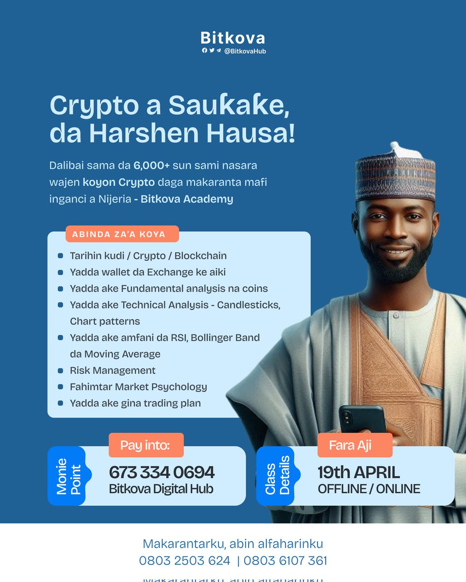 Saura kwana 13 mu fara!

Yi maza kayi REGISTA don zama kwararren trader. 

Kana iya DM ko SMS. 

📈