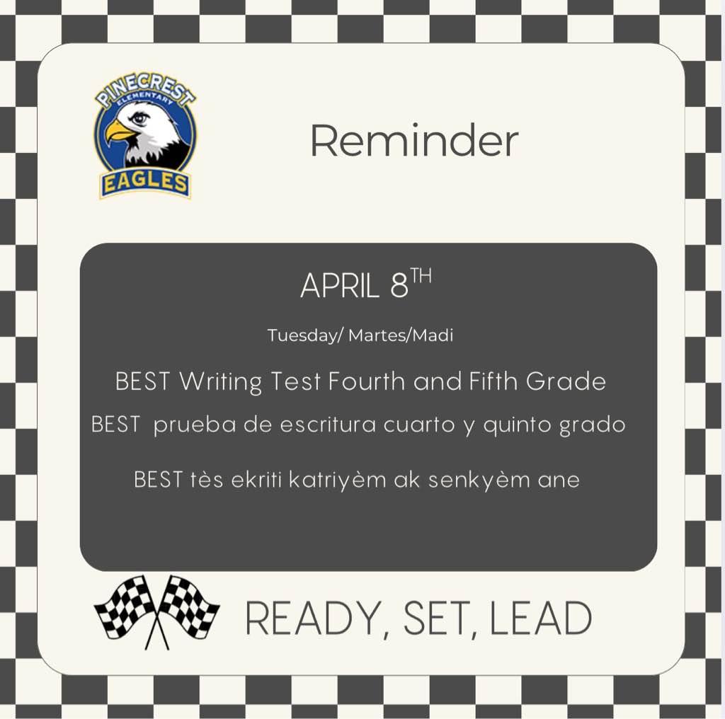 Attention PCR families, tomorrow April 8th our 4th and 5th grade students will be taking their BEST Writing test. Please make sure students arrive on time and well rested. 💛🦅💙