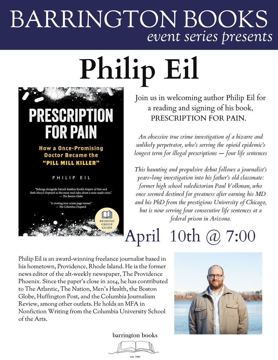 Philip "Read My Book" Eil (@phileil) on Twitter photo This Thursday evening, April 10, I'll be discussing and signing "Prescription for Pain" at <a href="/BarringtonBooks/">Barrington Books</a> to celebrate the recent release of the paperback.
I'd love to see you there! This Thursday evening, April 10, I'll be discussing and signing "Prescription for Pain" at <a href="/BarringtonBooks/">Barrington Books</a> to celebrate the recent release of the paperback.
I'd love to see you there!