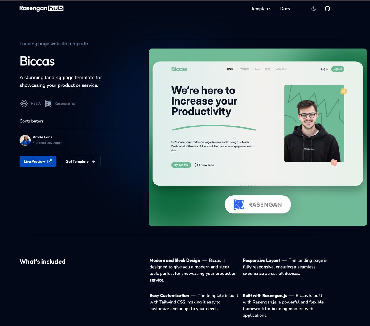 Discover Biccas, the <a href="/rasenganjs/">Rasengan</a> template dedicated to present your product of agency services 🔥

In order to be among the first users, make sure to register to the WAITLIST and you will be informed at the end of the month. 

👉 [ join.rasengan.dev ]

Hello <a href="/FonaArolle/">Arolle Fona</a> 👋